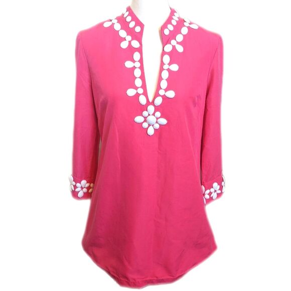 Lilly Pulitzer Newberry tunic top in lipstick 🩷 pink, beaded, v-neck, size 6 - Picture 1 of 9